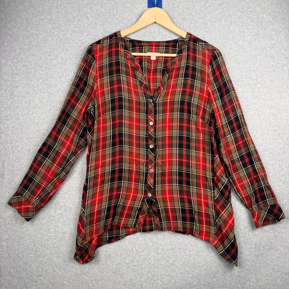 J Jill Top Womens Medium Petite Red Plaid V Neck Sharkbite Hem Long Sleeve Rayon